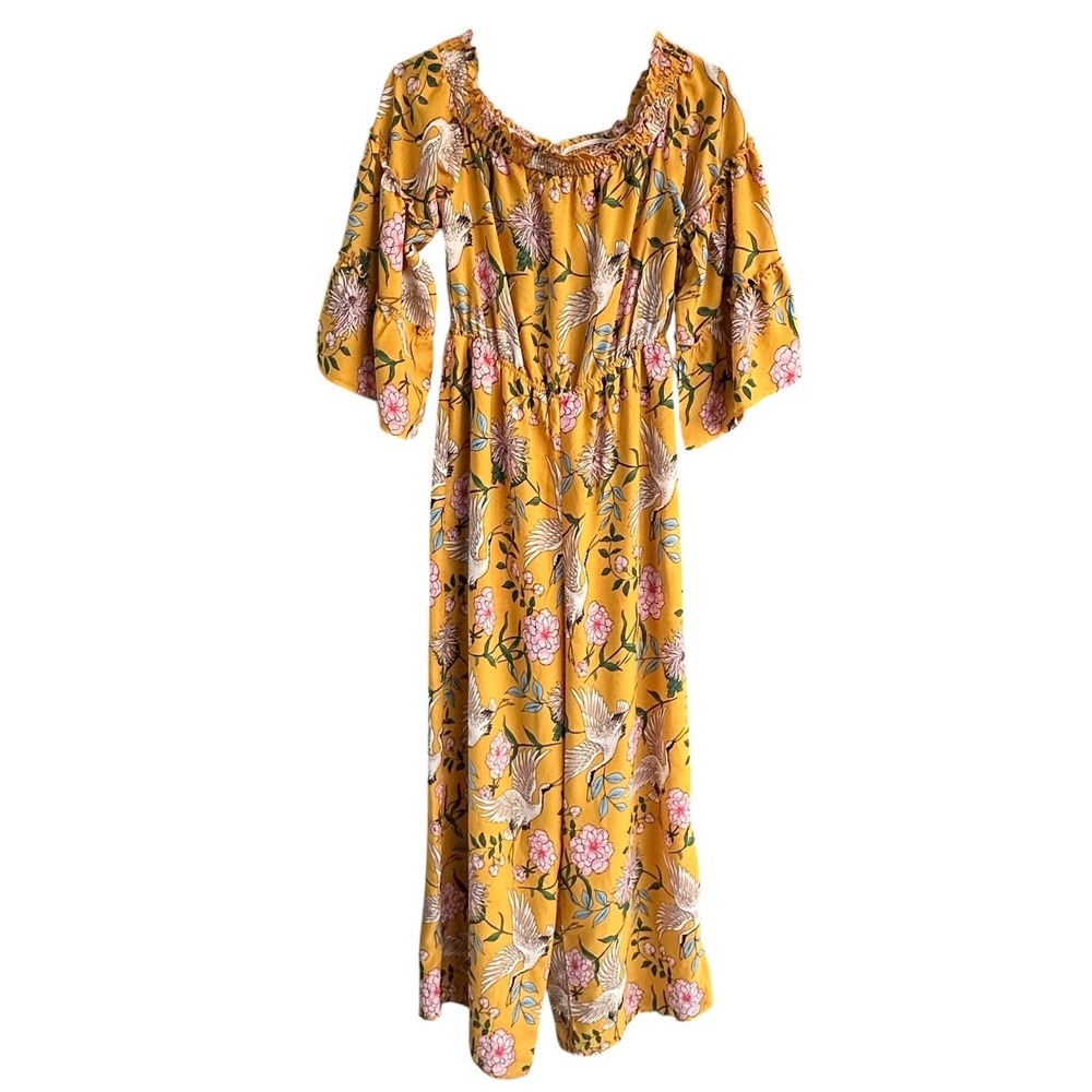 Flying Tomato Mustard Yellow Crane Floral Jumpsuit Wide Leg Off Shoulder Medium‎